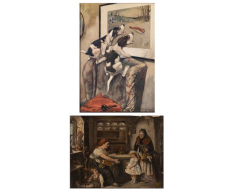 J * M * T A visit to the nurse, signed with monogram, oil over a printed base, 16.5 x 22cm; and a humorous fox hunting print 