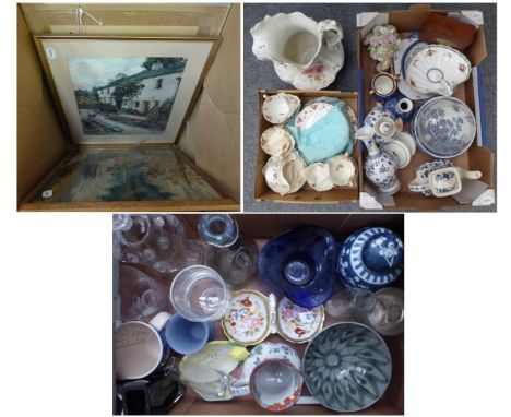 A quantity of ceramics and glass, including a Holmegaard decanter, a 19th century Continental print decorated decanter etc an