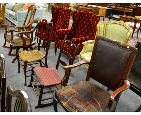 A mahogany rocking chair; a 19th century revolving smokers chair; an Edwardian occasional chair; a ladder back rocking chair,
