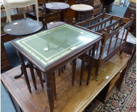 A reproduction three division Canterbury, a nest of tables, a cake stand and two tripod tables (5) 