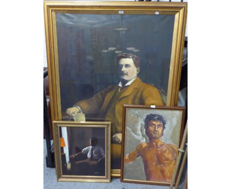 Late 20th century large scale, three quarter length portrait of a Gentleman, seated, oil on canvas, indistinctly signed and d