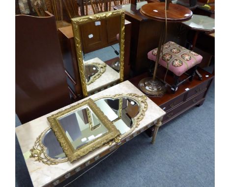 A metal and porcelain mounted low table with marble top, three various gilt wall mirrors, a small stool, a standard lamp, a s