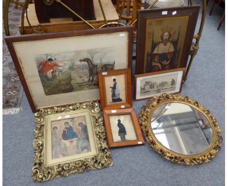 Two Victorian portrait silhouettes, indistinctly signed, dated 1845; a John Leech hunting print; a pair of circular wall mirr
