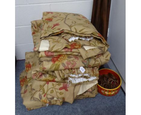 Three pairs of lined and interlined curtains, 7 ft 6 inches drop, with wooden poles 