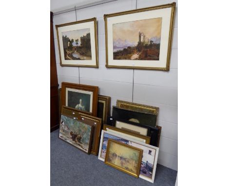 A quantity of assorted pictures and prints, including a portrait of a gentleman, a print of cardinals, a pair of landscape wa