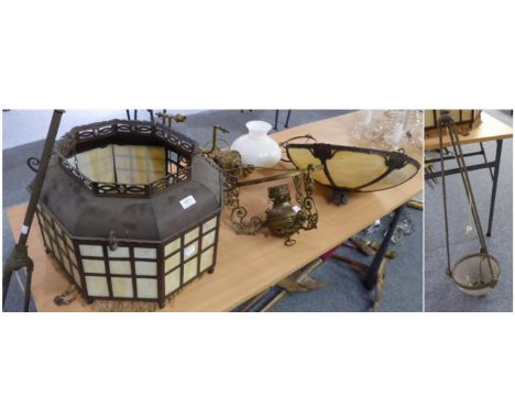 A quantity of assorted light fittings and shades, including an oil lamp style example 