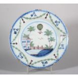 A late 18th century Lambeth delft plate with balloon ascent Vincenzo Lunardi decoration, 9 1/8"
