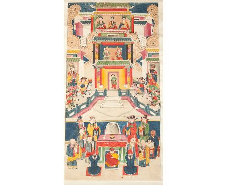 CHINESE PAINTED HANGING SCROLL depicting a court scene, script signature to the reverse, 178cm long 