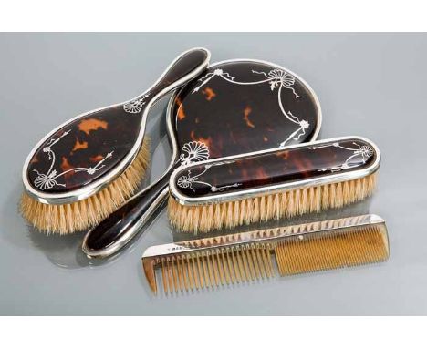 EDWARDIAN SILVER AND TORTOISESHELL DRESSING SETcomprising hand mirror, hair brush, clothes brush and comb, London hallmarks, 