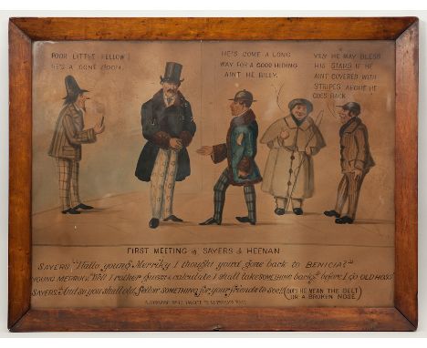 19TH CENTURY HAND COLOURED PRINT OF SAYERS AND HEENAN a poster depicting the first meeting of the famous boxers Sayers & Heen