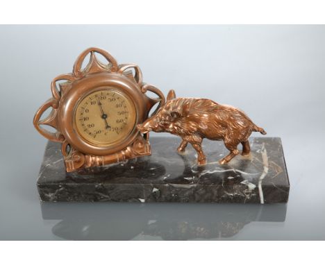 SPELTER GENTLEMEN'S DESK THERMOMETER modelled with wild boar figure on a grey marble base, 20cm high; together with an art de