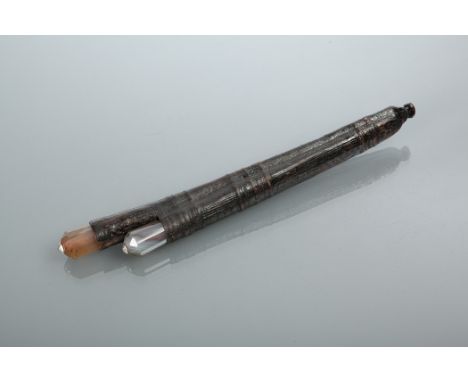 NINETEENTH CENTURY SCOTTISH AGATE HANDLED CARVING KNIFE AND FORK unmarked, in a leather sheath, 24cm long