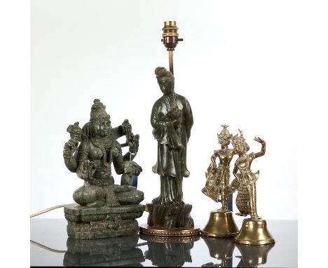 CHINESE JADITE FIGURAL LAMP the lamp showing a female with flower, 40cm high overall; together with a soapstone figure of Kal
