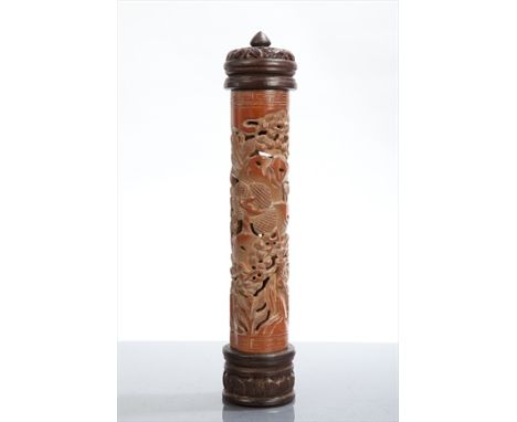 CHINESE CARVED WOOD SCROLL HOLDERthe top with bats, the body with pierced figural carving, 31.5cm high