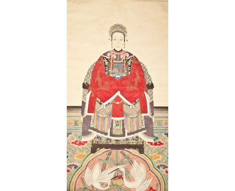 CHINESE PAINTED HANGING SCROLL depicting an empress, script signature to the reverse, 134cm long 