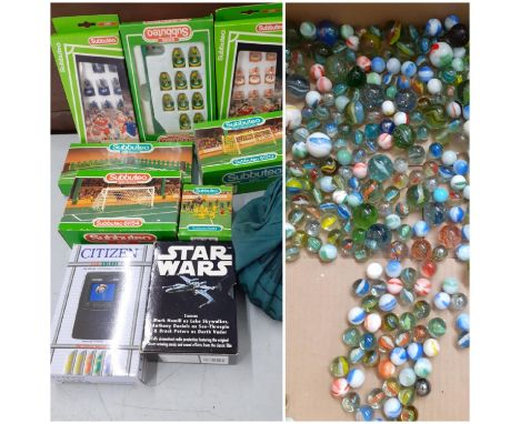 Boxed Subbuteo to include sets 61154, 61214, 63000 and 61213 together with a Star Wars cassette trio, a Citizen LCD handheld 