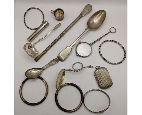 Mixed silver and silver plated items to include a set of white metal and enamelled lorgnettes, George III silver caddy spoon,