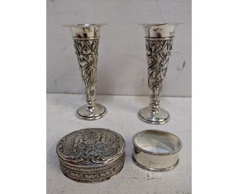 Silver to include a pair of embossed vases, napkin ring and 800 grade box Location: 