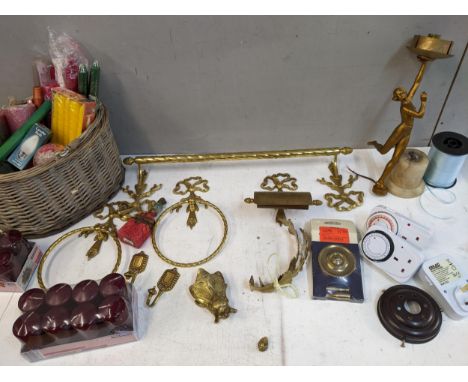 Homeware to include numerous candles, brass bathroom fittings, an Art Deco metal figural lamp, and other items Location: 