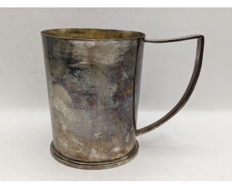 A mid 20th century silver christening mug engraved with name, hallmarked London 1958, weight 268gLocation: 