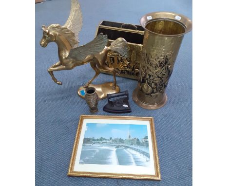 Brass ornaments and household items to include a large model of Pegasus 43cm high and a brass clad magazine rack together wit