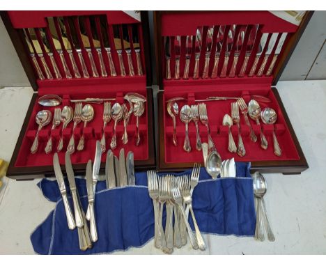 Two silver plated canteens of cutlery and flatware, each with a six-place setting, and silver plated flatware initialled Loca