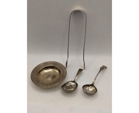 Mixed silver to include sugar tongs, pin dish and other itemsLocation: 