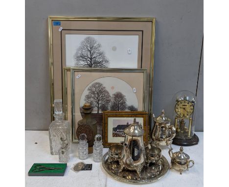 3 prints forest scenes and mixed silver plate tea set with trays cut glass decanter and dressing table, scent bottles, commem