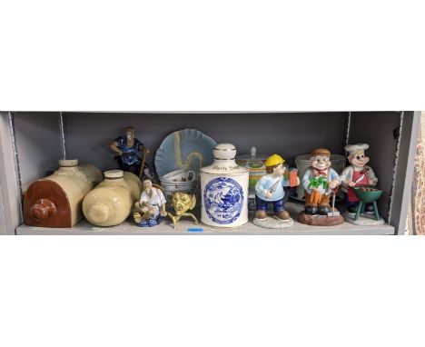 A mixed lot of ceramics and china to include two ceramic foot/bed warmers, a Dumler Breiden large charger a model / figure of