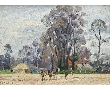 Algernon Mayow Talmage (1871-1939): Horses Ploughing, oil sketch on board signed 16cm x 23cmCondition Report:Good condition, 