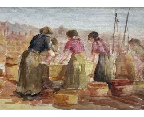 Frank Henry Mason (Staithes Group 1875-1965): Scotch Fishergirls Sorting the Catch on the 'Fish Quay - Scarborough', watercol