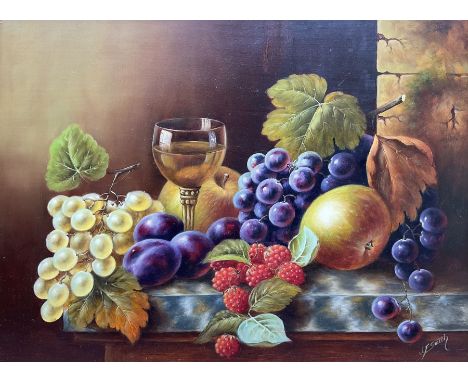 John F Smith (British 1934-): Fruit and Wine Glass, oil on board signed 29cm x 40cm Notes: Smith was employed by Royal Worces