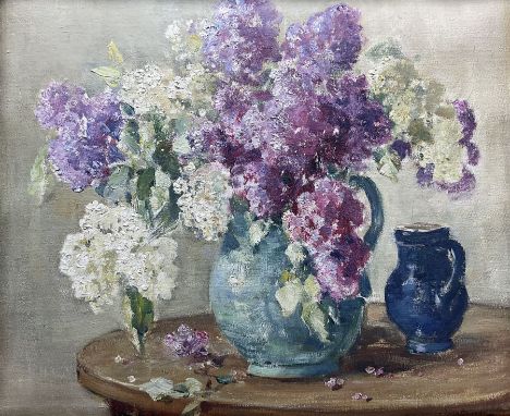 Owen Bowen (Staithes Group 1873-1967): Still Life of Purple Flowers, oil on canvas signed, with a further sketch of the River