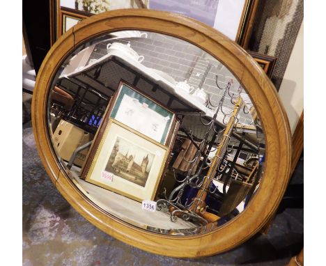 Oak framed bevelled edge wall mirror, W: 70 cm. Not available for in-house P&amp;P 