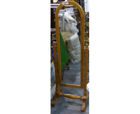 Pine framed Cheval mirror, H: 140 cm. Not available for in-house P&amp;P 