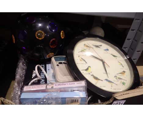 Box of mixed items including a light ball and handbags. Not available for in-house P&amp;P 