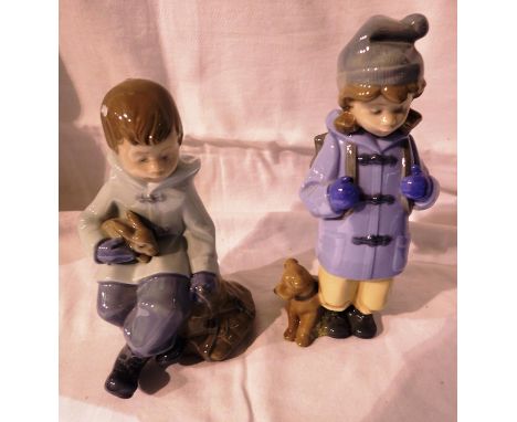 Two Nao figurines, girl with a rucksack and dog, and sitting boy with rabbit, largest H: 18 cm, no cracks or chips. Not avail