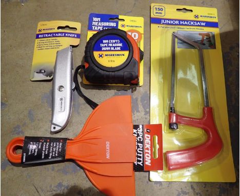 New and unused craft knife, tape measure hacksaw and putty knife set (4). P&amp;P Group 1 (£14+VAT for the first lot and £1+V