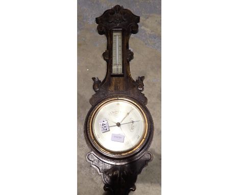 James Lucking Birmingham oak barometer with thermometer, lens cracked, H: 75 cm. Not available for in-house P&amp;P 