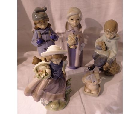 Five Nao figurines, largest H: 20 cm. Not available for in-house P&amp;P 
