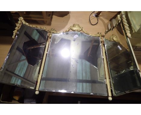 Brass mounted triple dressing table mirror with gilt detailing, 76 x 55 cm. Not available for in-house P&amp;P 
