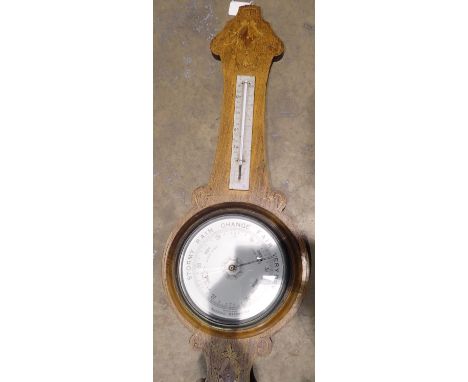 Inlaid oak cased barometer thermometer, H: 85 cm. Not available for in-house P&amp;P 