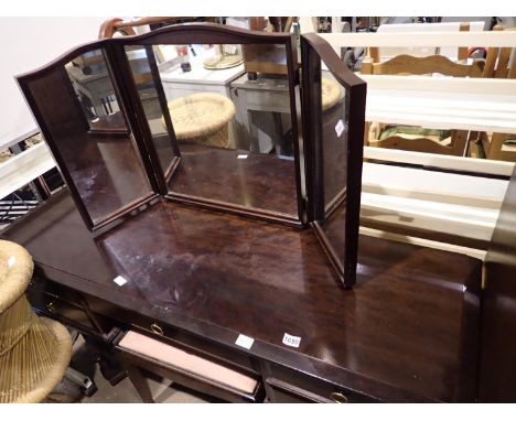 Stag dressing table with tri-fold mirror and five drawers, light surface scratches, legs secure, 153 x 47 x 110 cm H. Not ava