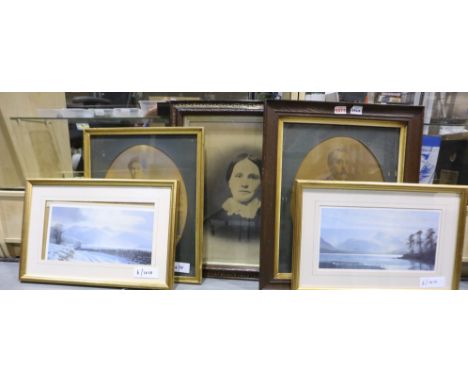 Quantity of mixed pictures and prints including Victorian portrait photographs (5). Not available for in-house P&amp;P 