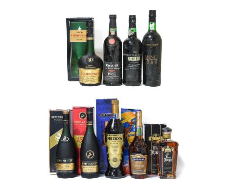 Remy Martin Cognac (two bottles), Martell Cognac (one bottle), Five Kings Brandy (one bottle), Courvoisier V.S.O.P. Cognac (o