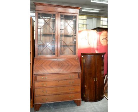 A MAHOGANY AND SATINWOOD CROSSBANDED BUREAU BOOKCASE, EARLY 20TH C, 206CM H; 95 X 41CM, A VICTORIAN INLAID MAHOGANY BOW FRONT