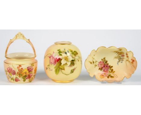 A ROYAL WORCESTER BUCKET SHAPED POSY VASE AND A SIMILAR GLOBULAR VASE AND PIN TRAY, PRINTED AND PAINTED WITH FLOWERS ON A SHA