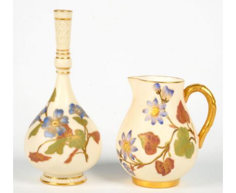 A ROYAL WORCESTER IVORY GROUND PERSIAN BOTTLE SHAPED VASE AND SPARROW BEAK JUG, DECORATED WITH FLOWERS, VASE 14.5CM H, PRINTE