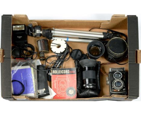 A ROLLEICORD TWIN LENS REFLEX CAMERA, OTHER PHOTOGRAPHIC EQUIPMENT, A MONOCULAR, VINTAGE GOLD PLUSH TEDDY BEAR AND TWO OTHERS