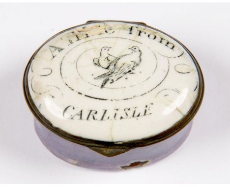 A SOUTH STAFFORDSHIRE ENAMELLED OVAL PATCH BOX, THE LID PRINTED WITH LOVE BIRDS AND INSCRIBED 'A TRIFLE FROM CARLISLE', 4CM L